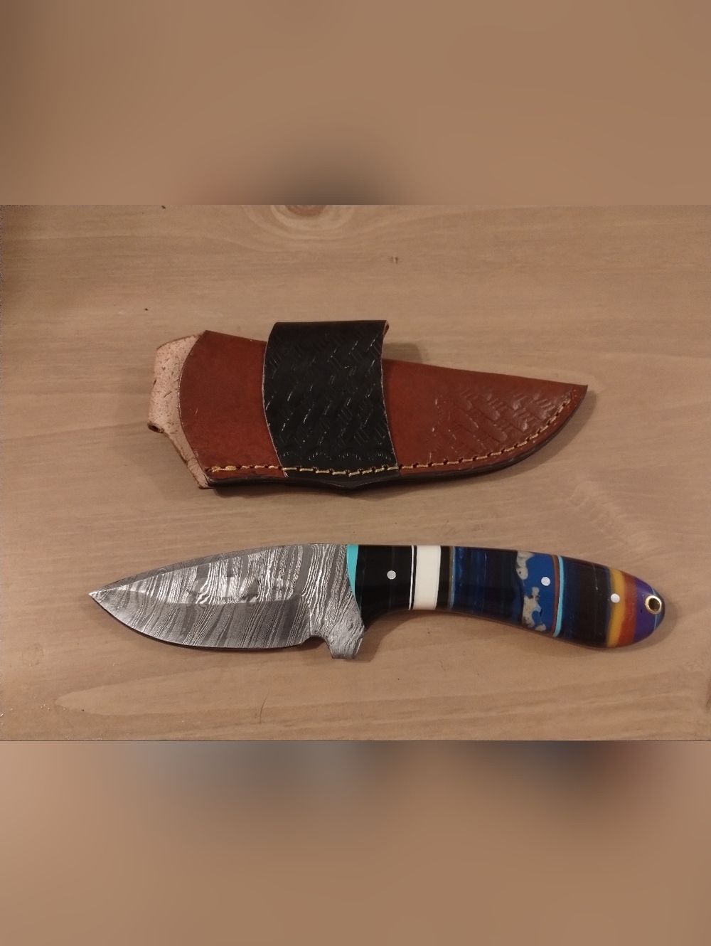 Custom Damascus Steel Hunting Knife Fixed Blade w/  Sheath Resin Handle